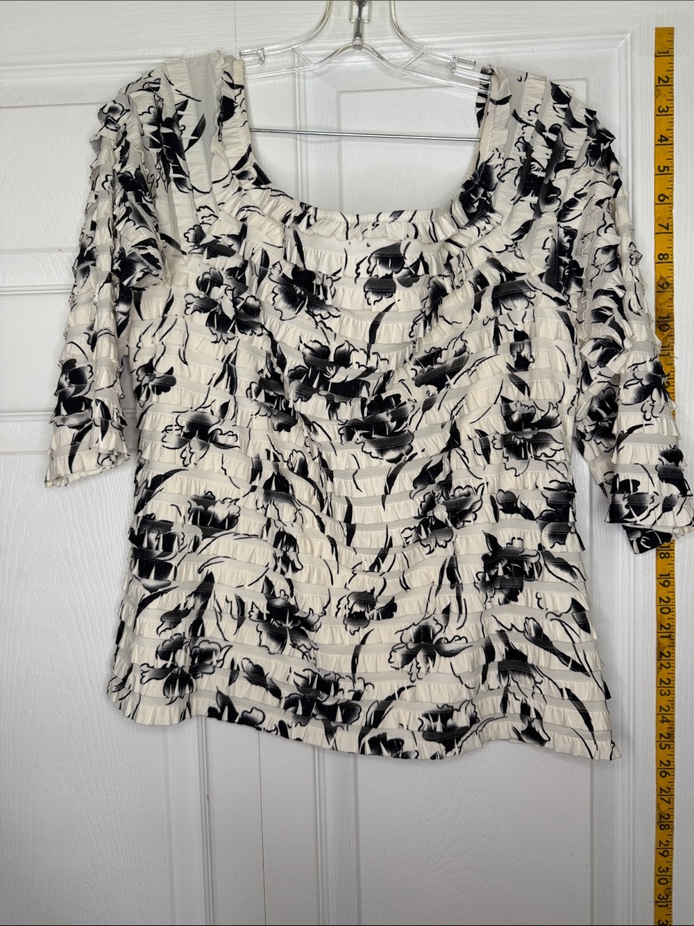Frank Lyman Design Cream and Black Floral Ruffle Short Sleeve Top